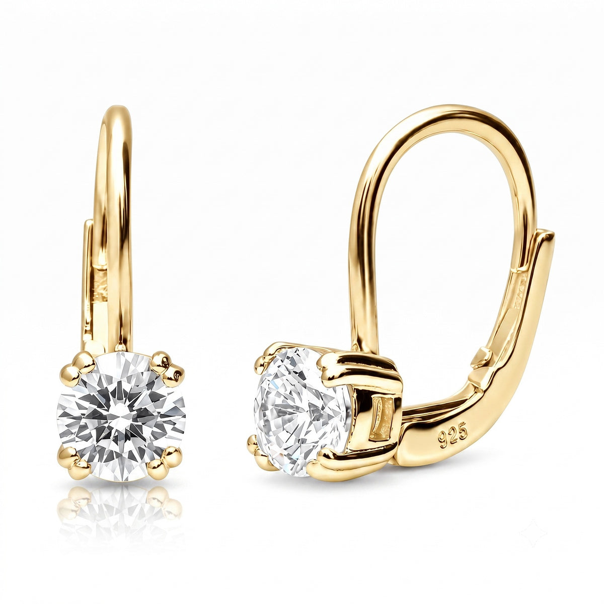 Solitaire CZ Leverback Earrings in Sterling Silver, Gold Flashed / 5mm