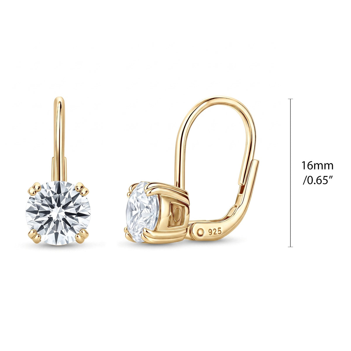 Solitaire CZ Leverback Earrings in Sterling Silver, Gold Flashed / 7mm