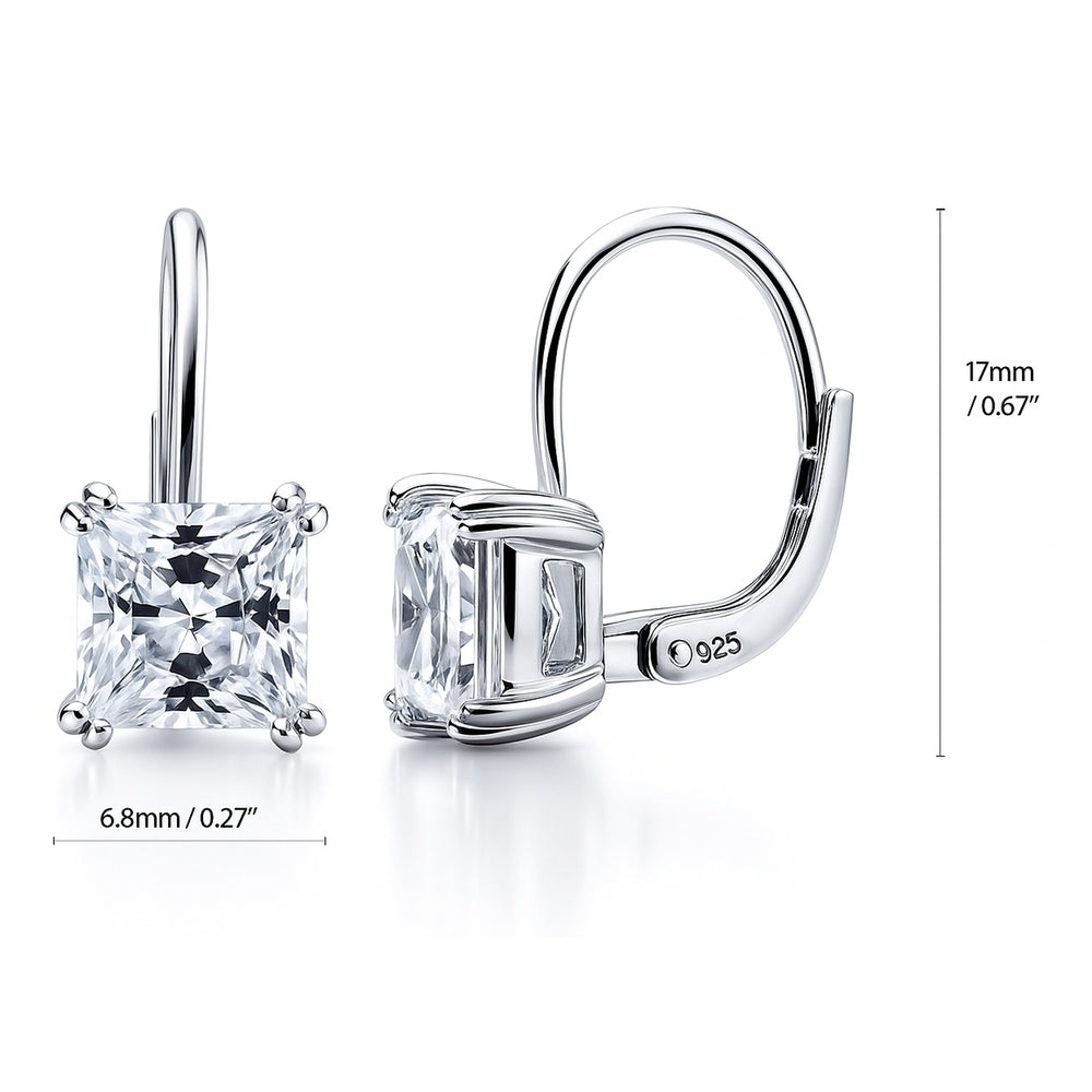 Sterling Silver Solitaire 4ct Princess CZ Leverback Earrings