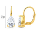 Solitaire 1.6-2.6ct Pear CZ Leverback Earrings in Sterling Silver, Clear, Gold Flashed