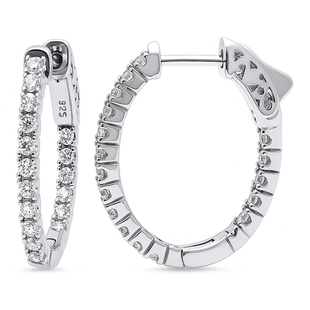 Oval CZ Small Inside-Out Hoop Earrings in Sterling Silver 0.8 inch, Rhodium Plated
