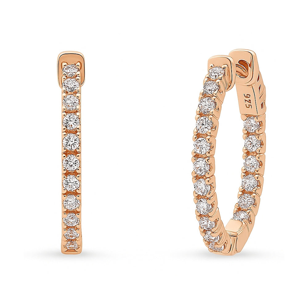 Oval CZ Small Inside-Out Hoop Earrings in Sterling Silver 0.8 inch, Rose Gold Flashed