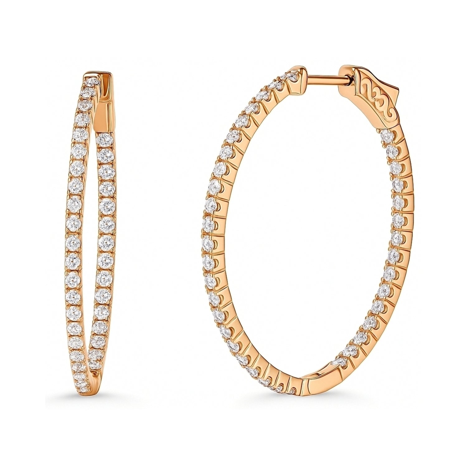 Oval CZ Inside-Out Hoop Earrings in Sterling Silver 1.4 inch, Rose Gold Flashed