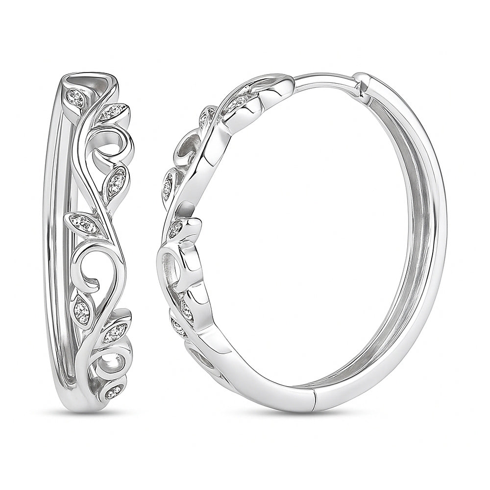 Leaf Filigree CZ Small Hoop Earrings in Sterling Silver 1"