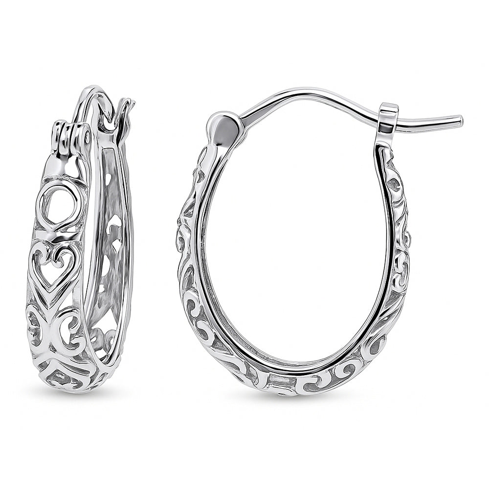 Oval Filigree Small Hoop Earrings in Sterling Silver 0.8 inch, 1 of 6