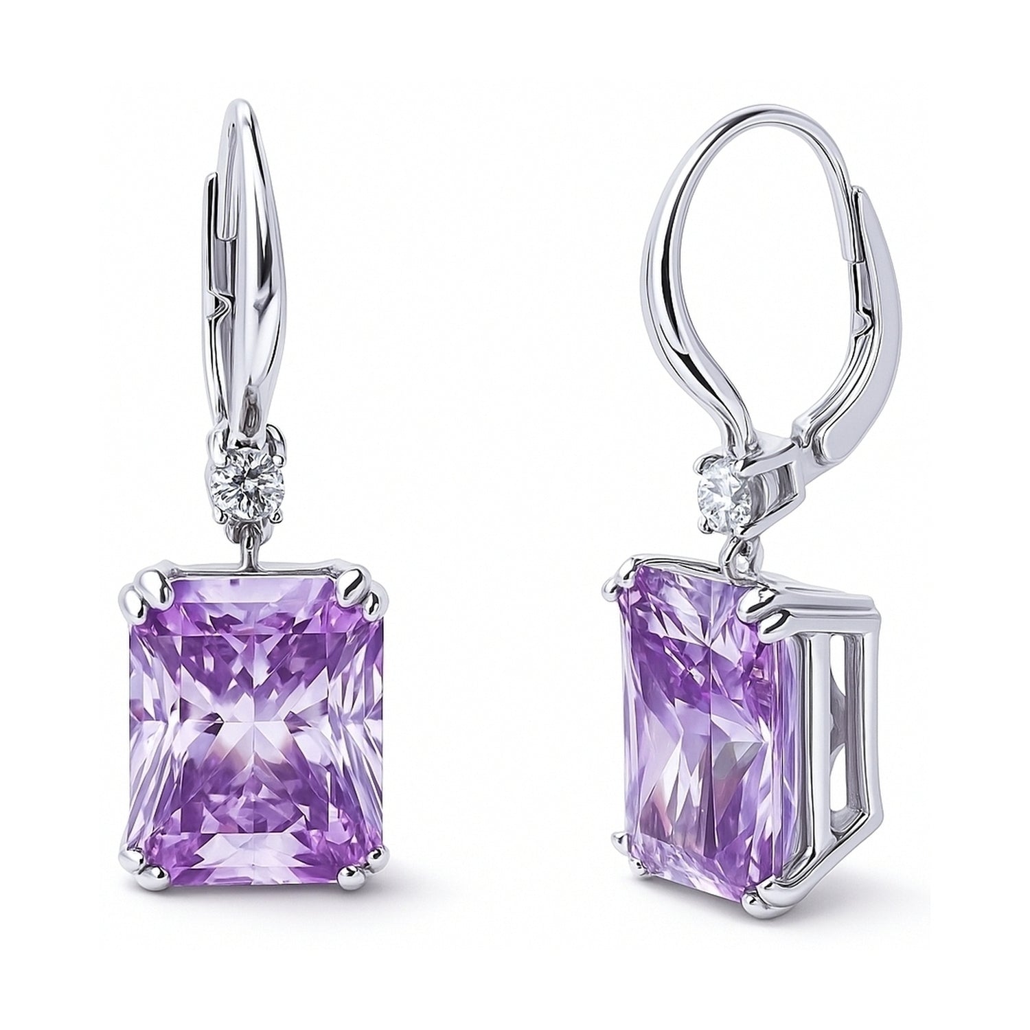Solitaire Purple Radiant CZ Leverback Earrings in Sterling Silver, 1 of 6