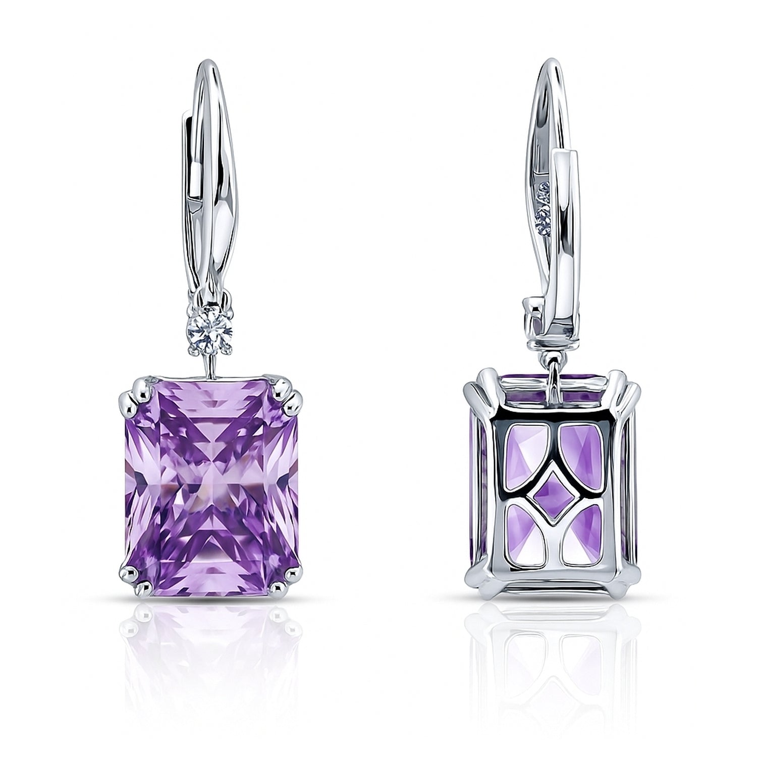 Solitaire Purple Radiant CZ Leverback Earrings in Sterling Silver, 3 of 6