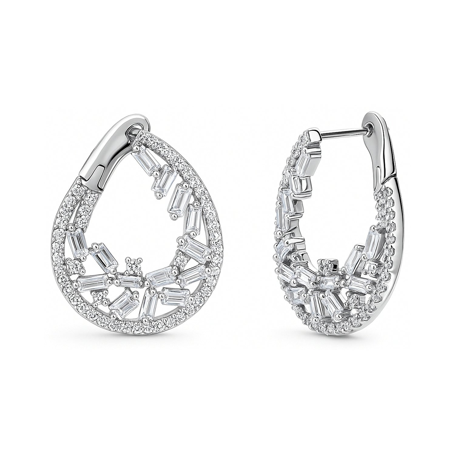 Teardrop Cluster CZ Small Hoop Earrings in Sterling Silver 0.9"