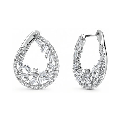 Teardrop Cluster CZ Small Hoop Earrings in Sterling Silver 0.9"