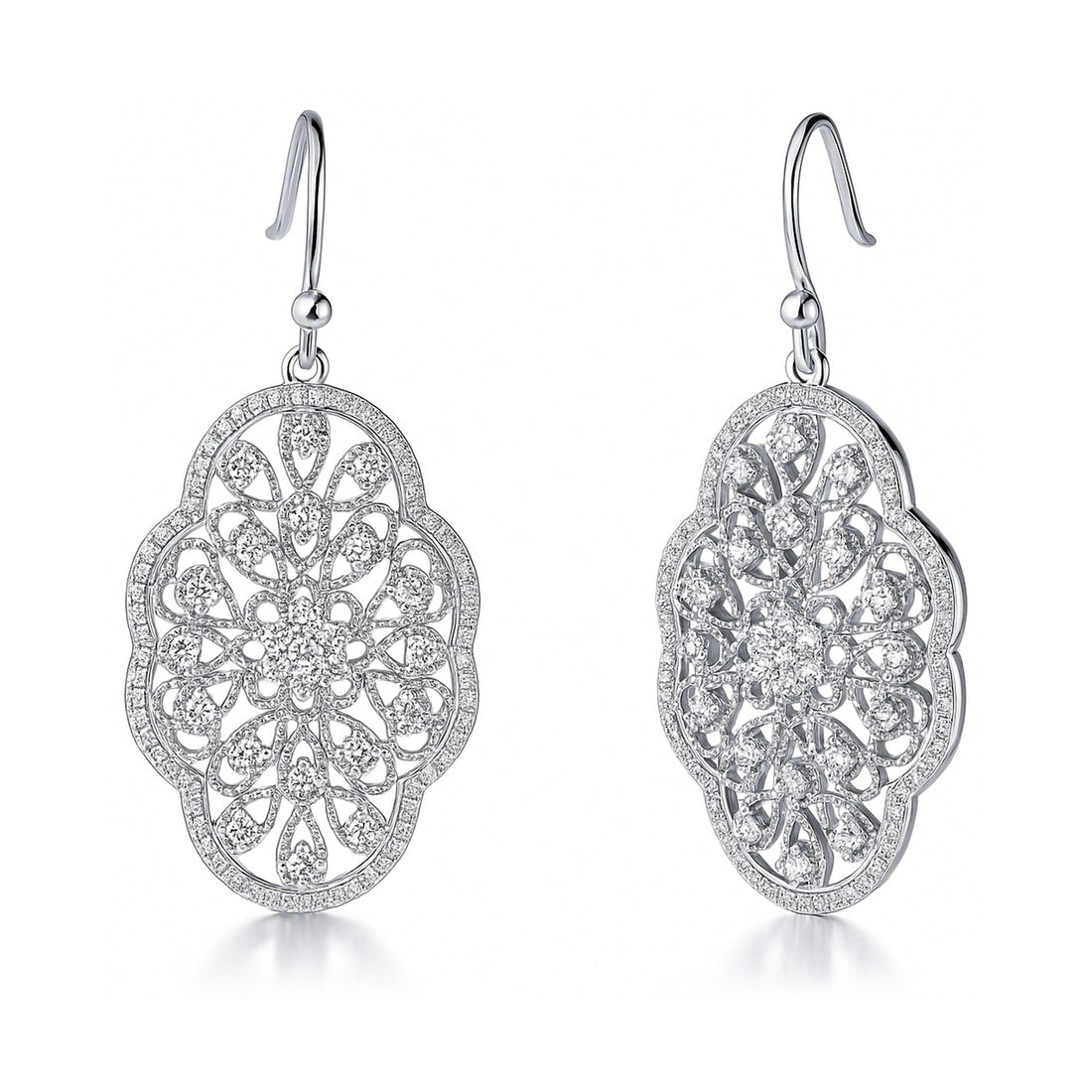 Flower Filigree Art Deco CZ Fish Hook Earrings in Sterling Silver