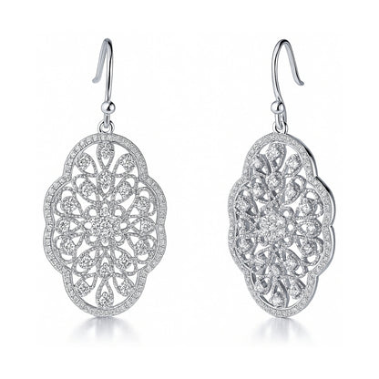 Flower Filigree Art Deco CZ Fish Hook Earrings in Sterling Silver