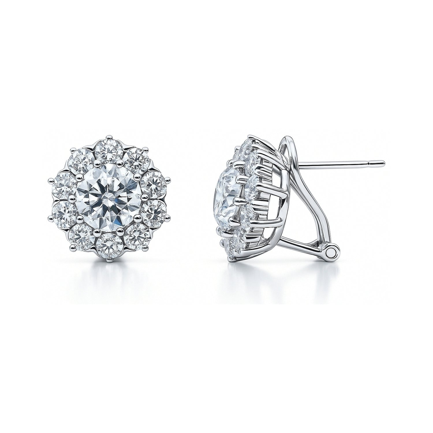 Flower Halo CZ Omega Back Stud Earrings in Sterling Silver, 1 of 6
