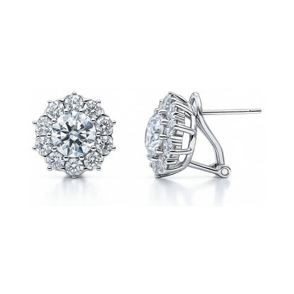 Flower Halo CZ Omega Back Stud Earrings in Sterling Silver