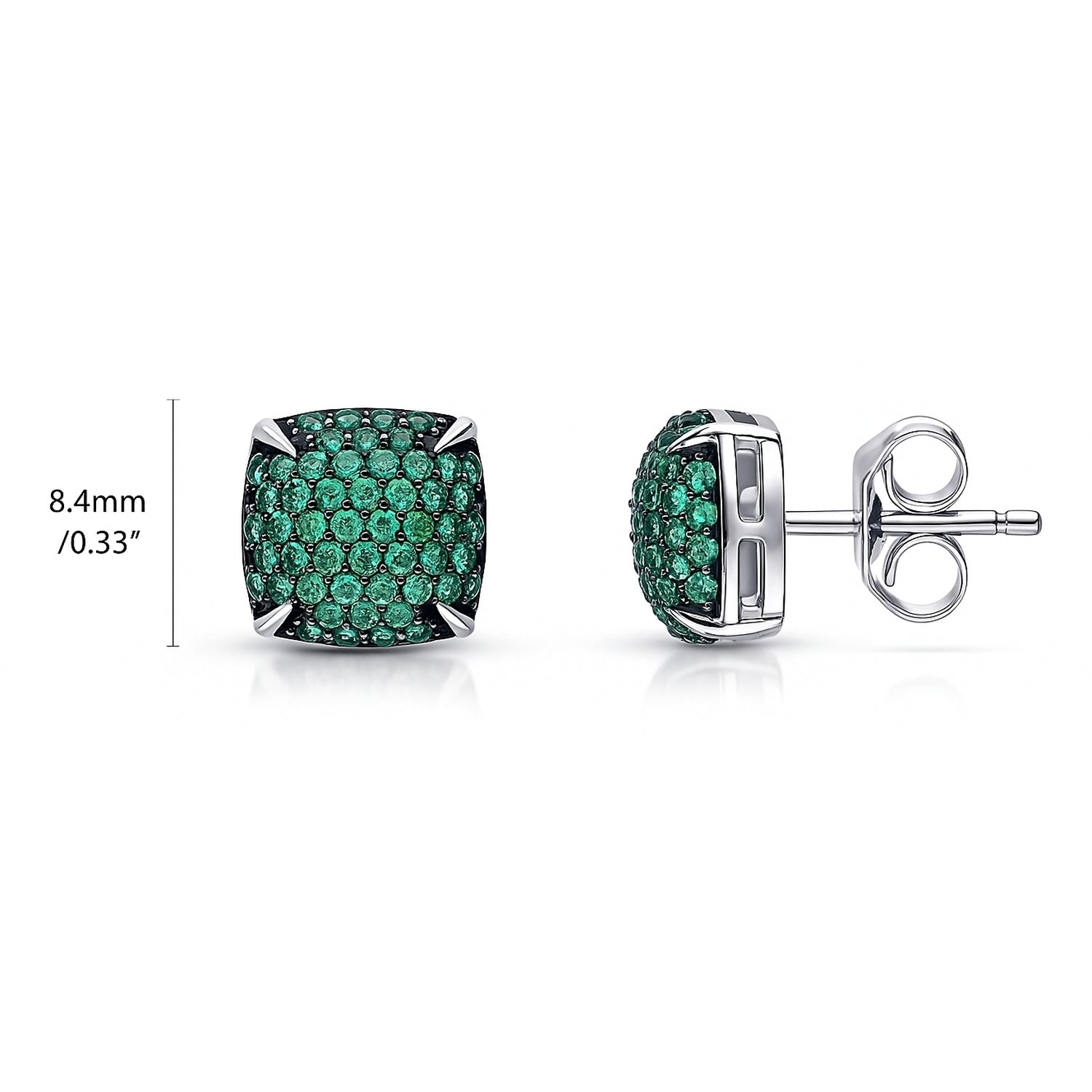 Square CZ Stud Earrings in Sterling Silver, Green Color