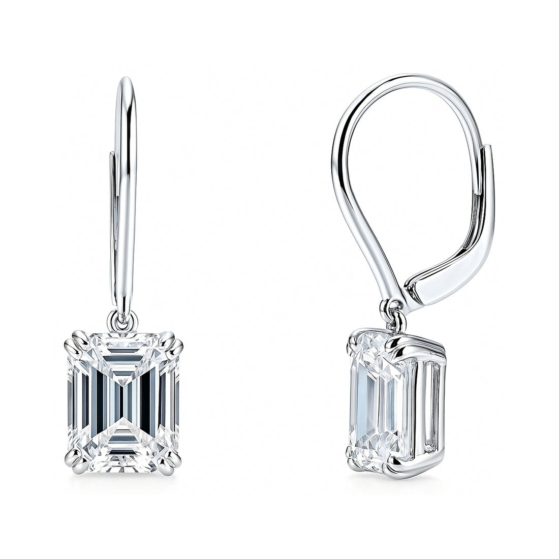 Solitaire Emerald Cut CZ Leverback Earrings in Sterling Silver