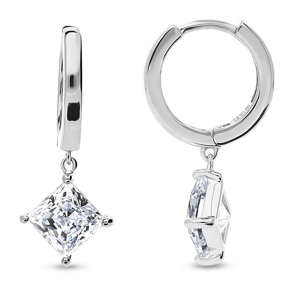 Solitaire CZ Cartilage Huggie Earrings in Sterling Silver 0.5 inch, Princess Cut