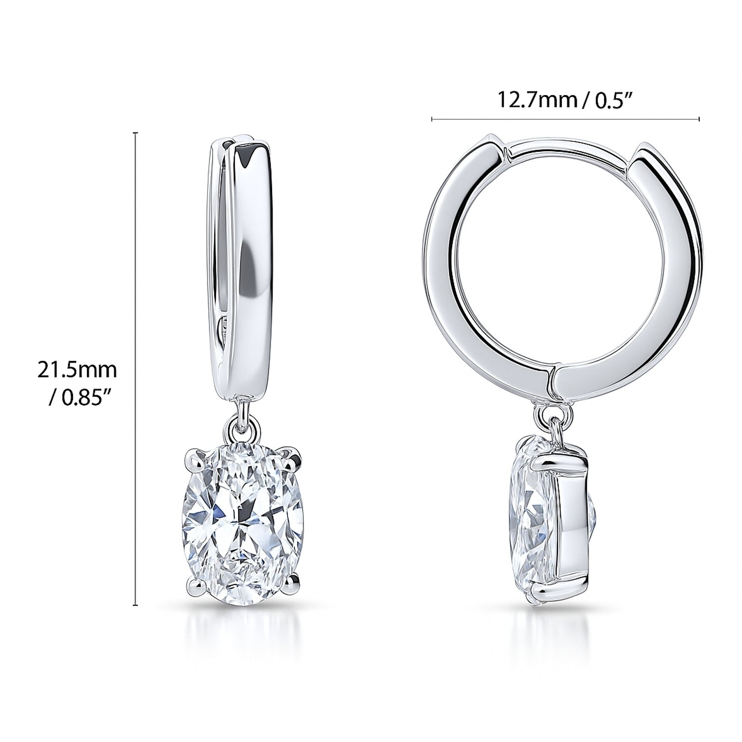 Solitaire CZ Cartilage Huggie Earrings in Sterling Silver 0.5 inch, Oval Cut