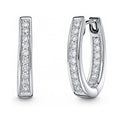 Oval Bar CZ Small Hoop Earrings in Sterling Silver 0.7 inch, Rhodium Plated