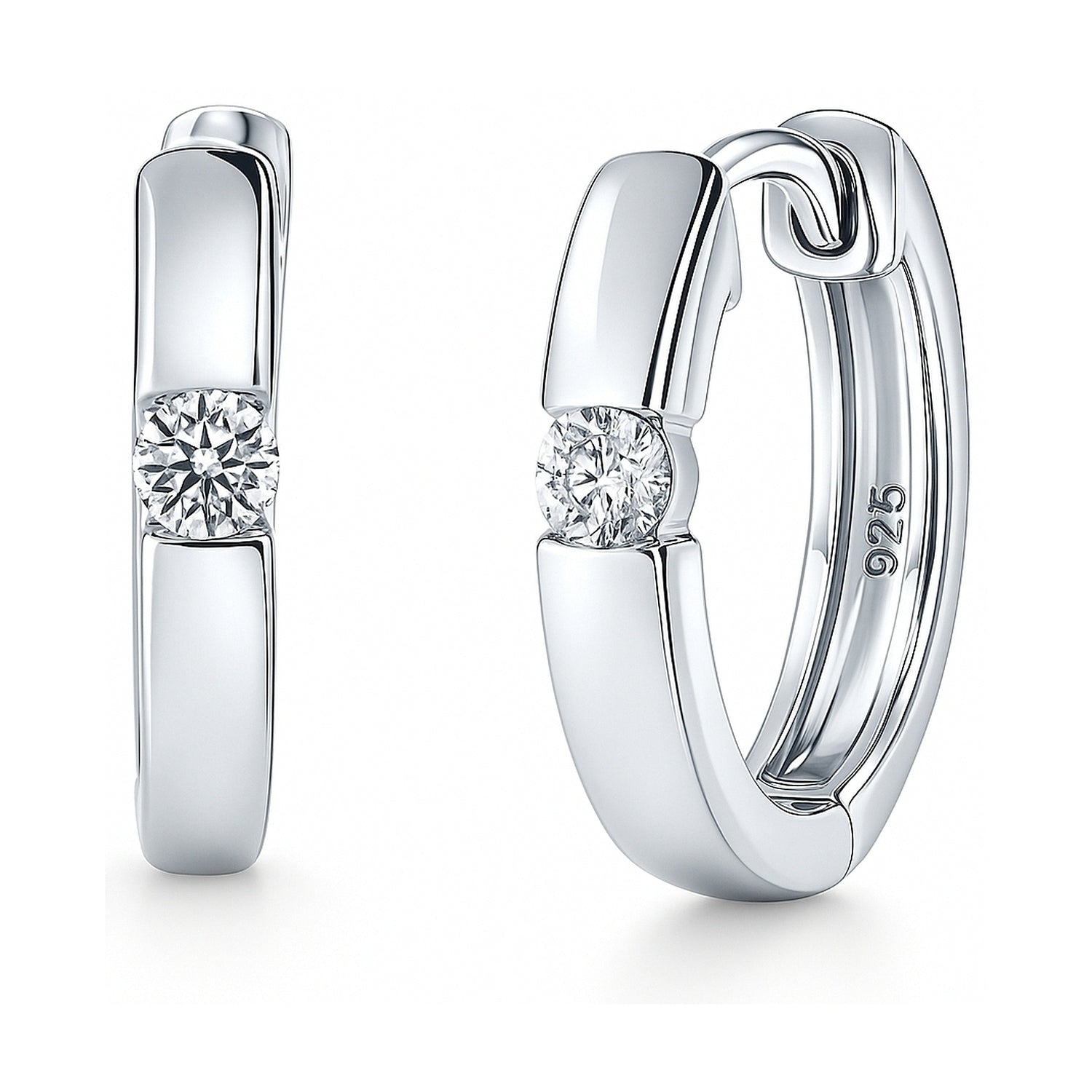 Solitaire CZ Small Hoop Earrings in Sterling Silver 0.6"