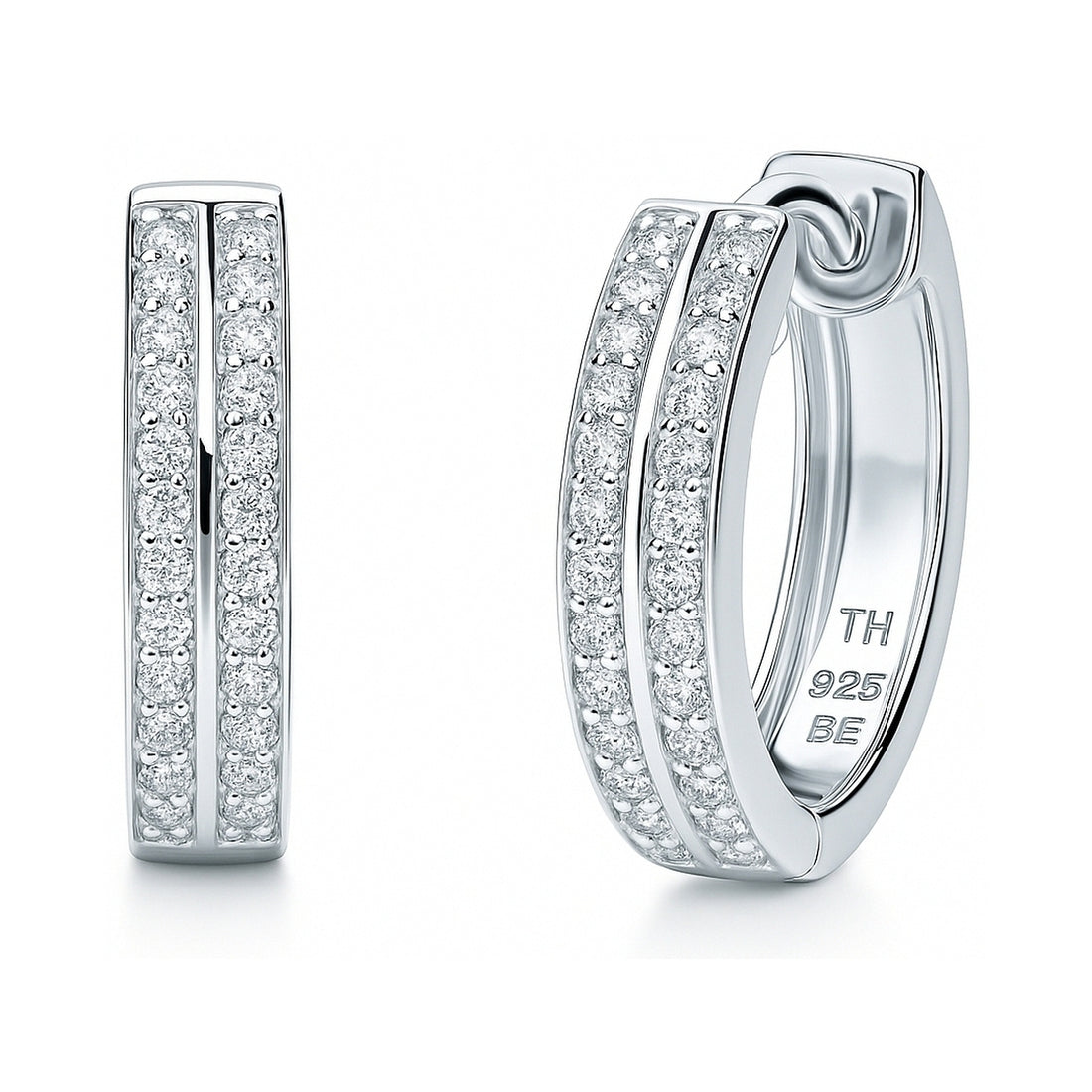 Double Row CZ Small Hoop Earrings in Sterling Silver 0.6"
