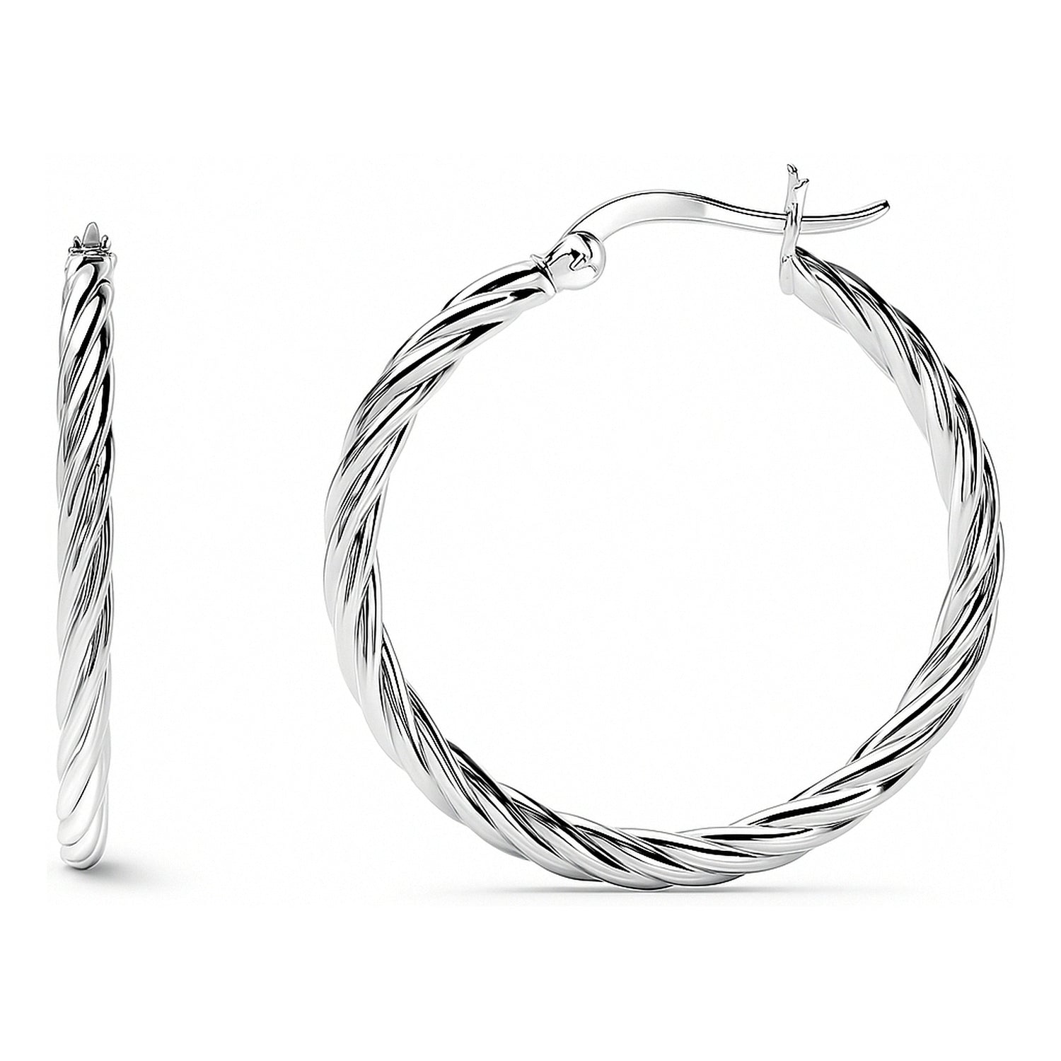 Cable Hoop Earrings in Sterling Silver 1.2 inch, Rhodium Plated