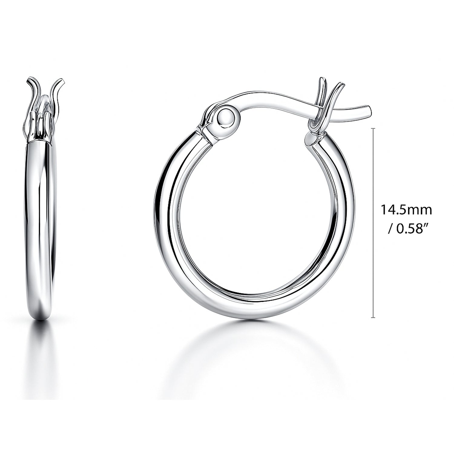 Small Hoop Earrings in Sterling Silver 0.6 inch, Rhodium Plated