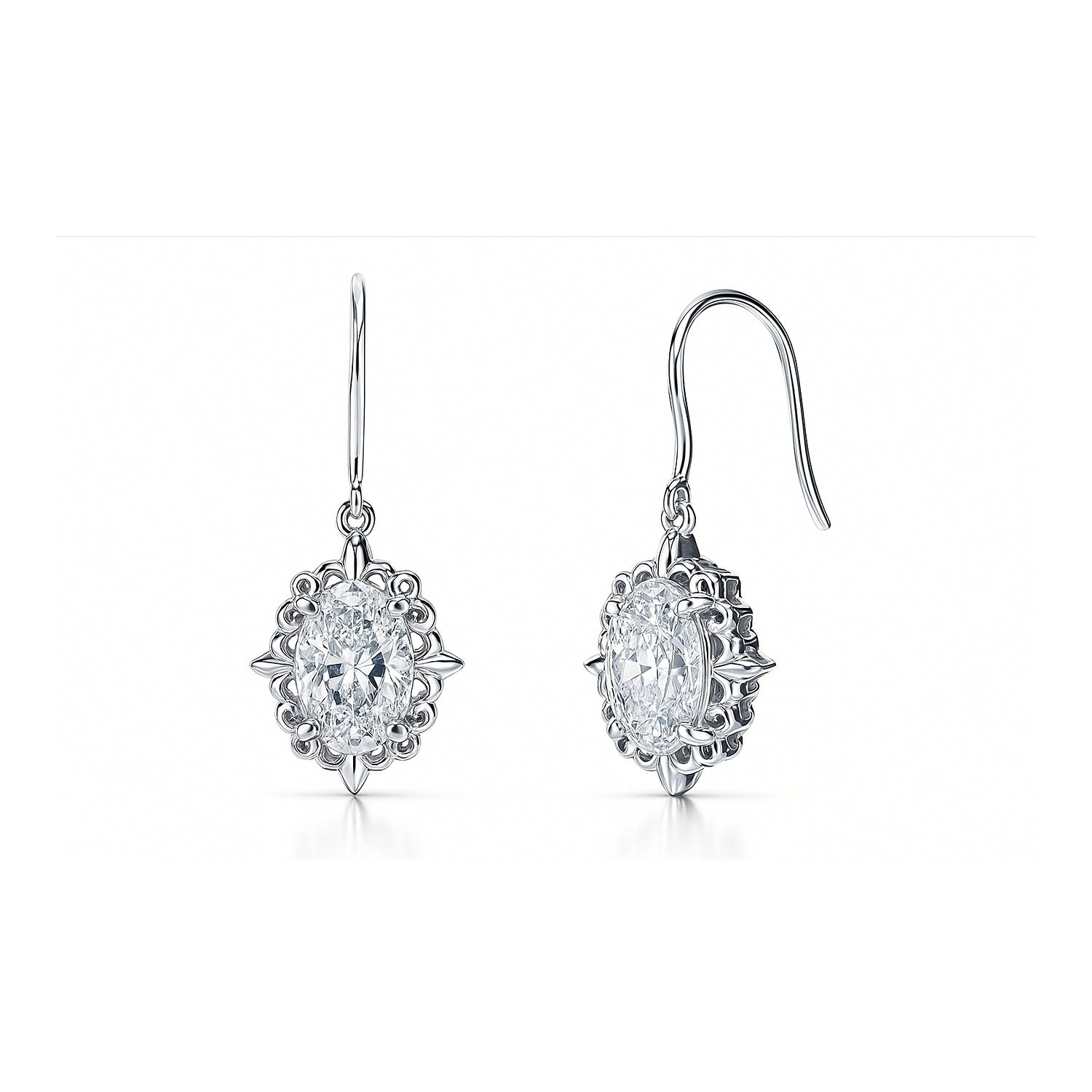 Solitaire Filigree Oval CZ Fish Hook Earrings in Sterling Silver, 1 of 8