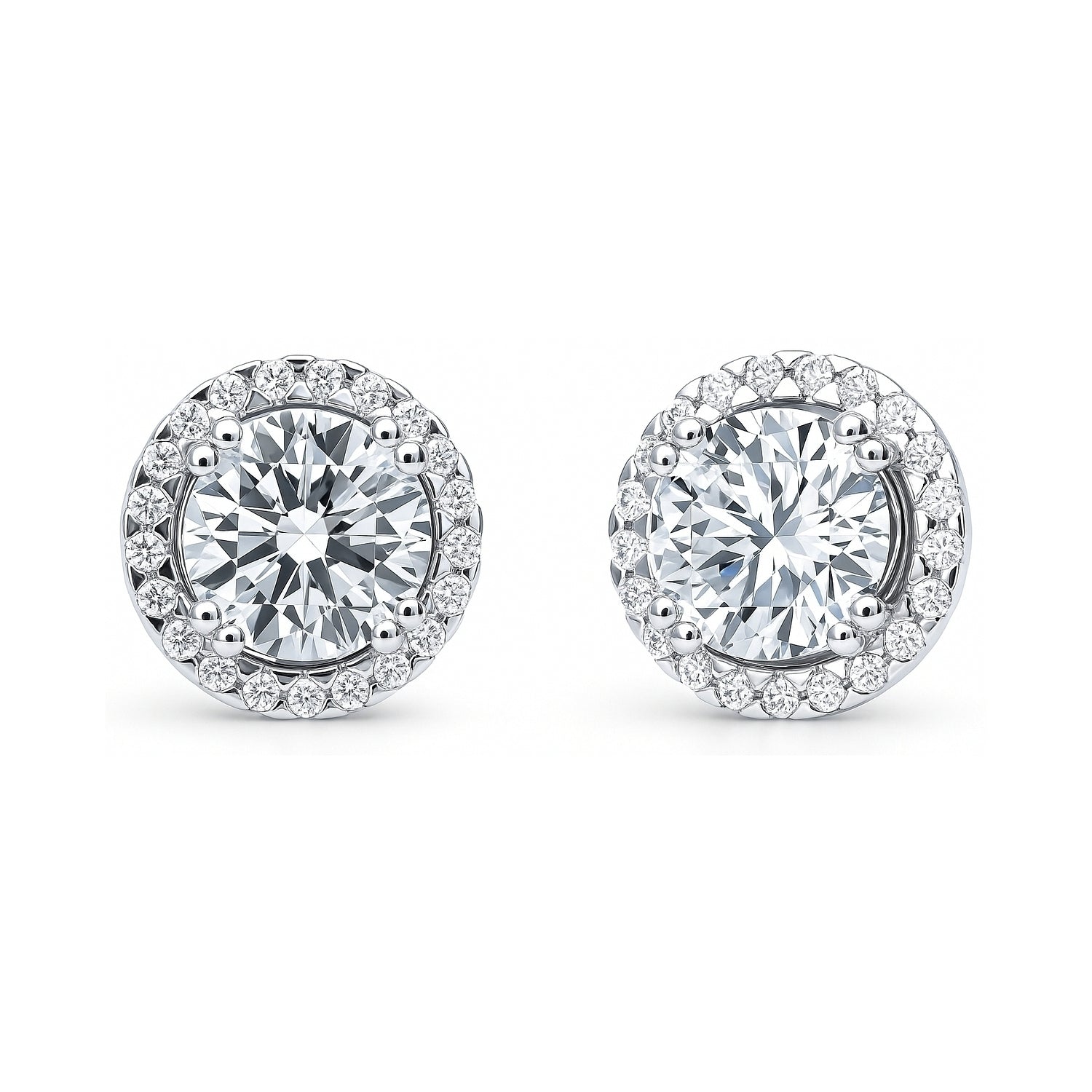 Halo CZ Stud Earrings in Sterling Silver, Rhodium Plated