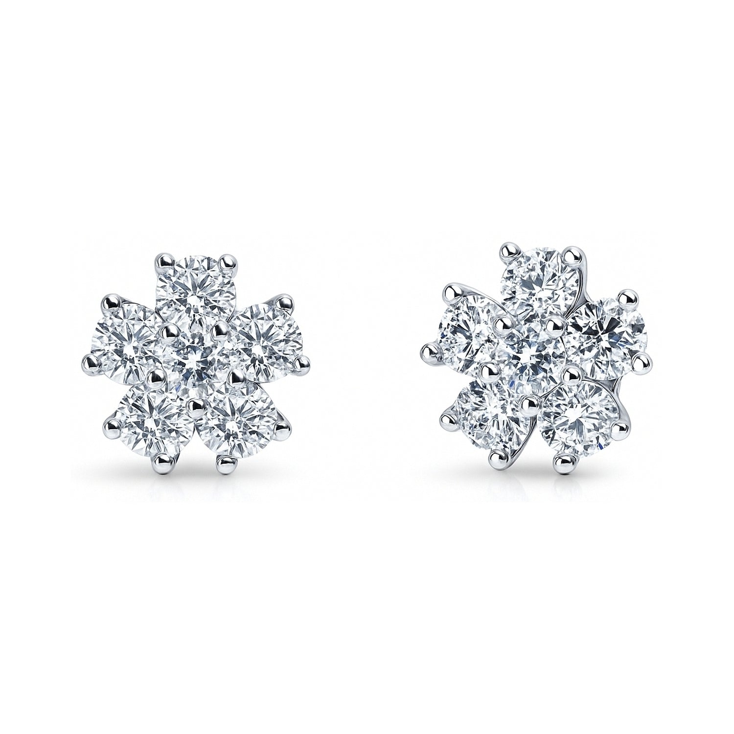 Flower CZ Stud Earrings in Sterling Silver, Rhodium Plated