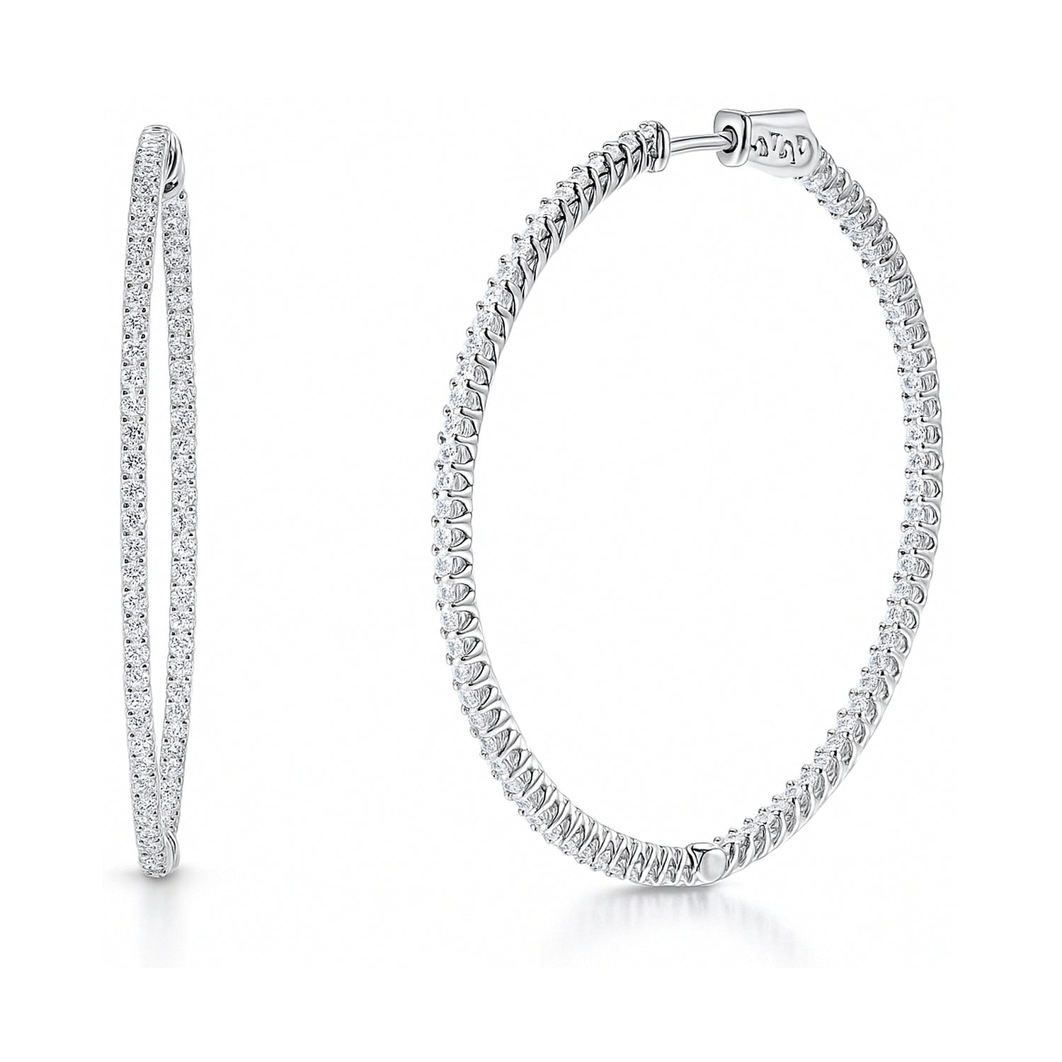 CZ Large Inside-Out Hoop Earrings in Sterling Silver 2 inch, Rhodium Plated