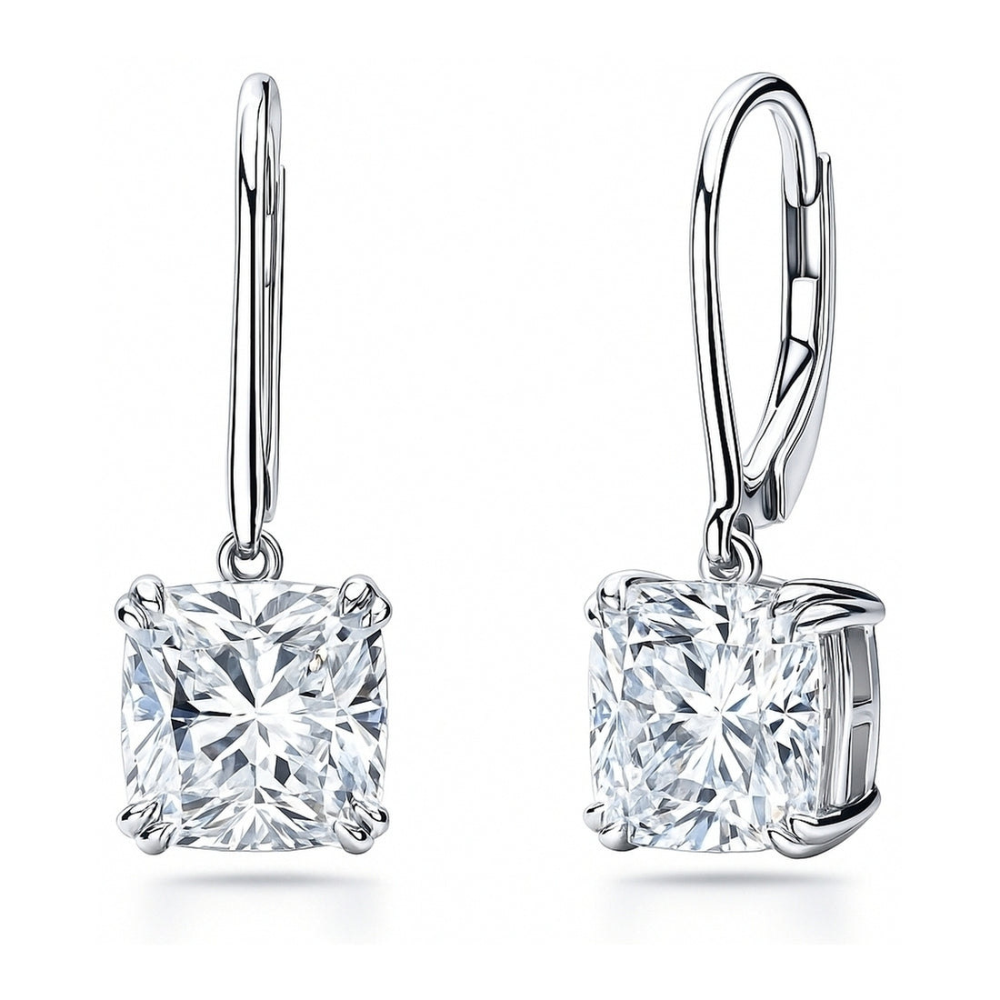 Solitaire 6ct Cushion CZ Leverback Earrings in Sterling Silver