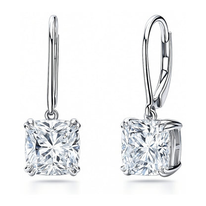 Solitaire 6ct Cushion CZ Leverback Earrings in Sterling Silver