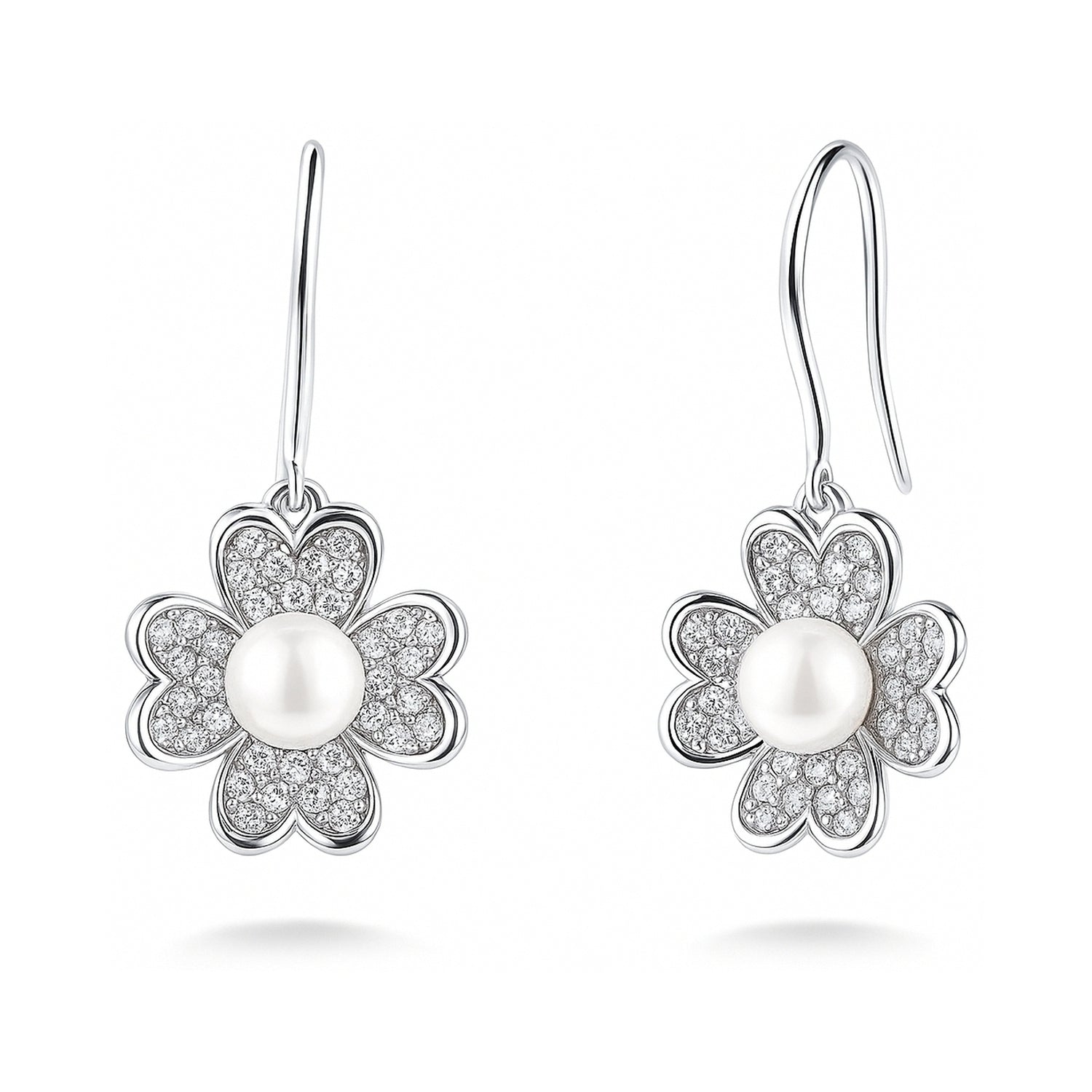 Clover Imitation Pearl Fish Hook Earrings in Sterling Silver