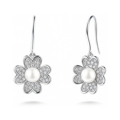 Clover Imitation Pearl Fish Hook Earrings in Sterling Silver
