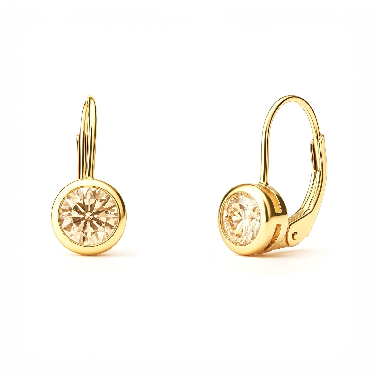 Solitaire 1.2ct Bezel CZ Leverback Earrings in Sterling Silver, Champagne, Gold Flashed