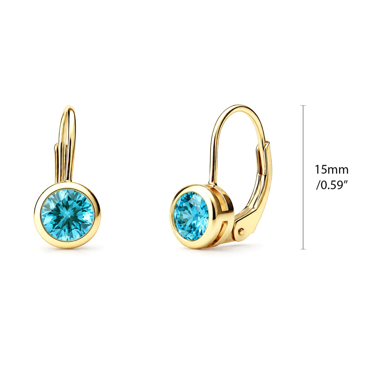 Solitaire 1.2ct Bezel CZ Earrings in Sterling Silver, Aquamarine, Gold Plated