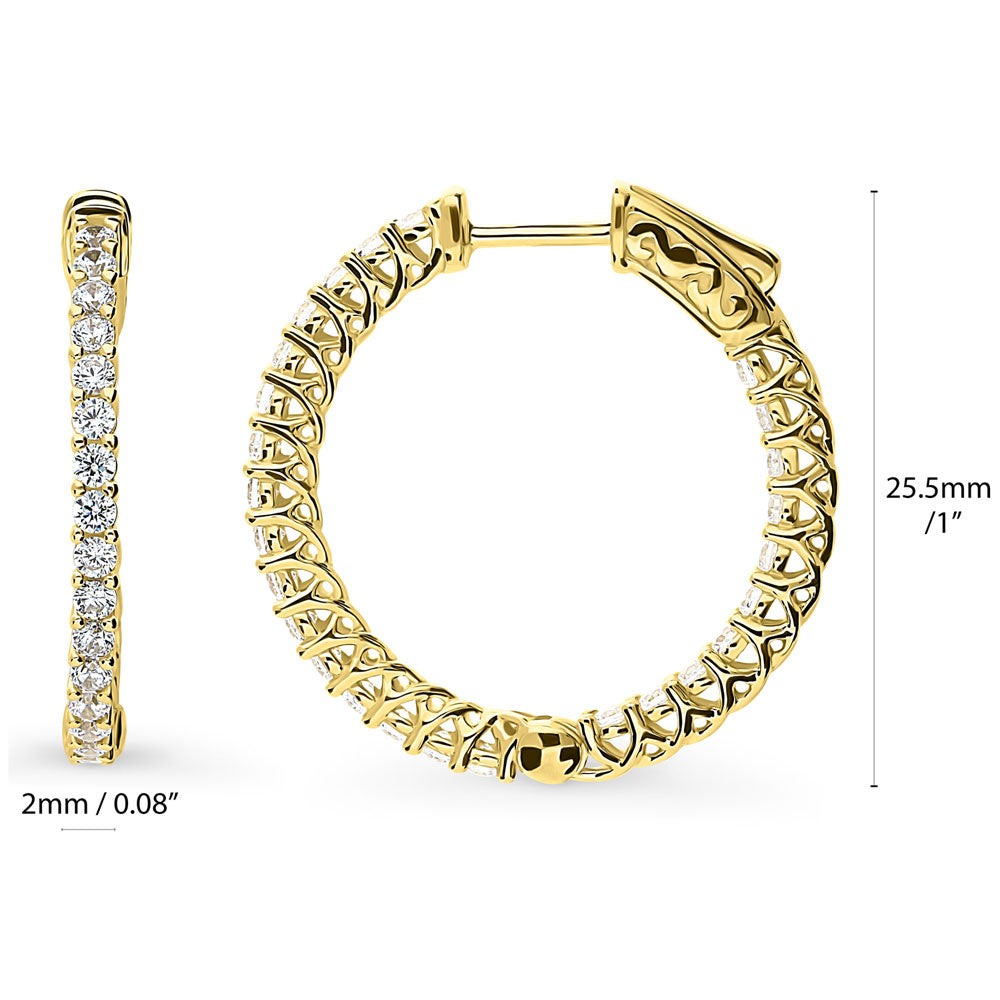 Angle view of CZ Small Inside-Out Hoop Earrings in Sterling Silver 1 inch, Yellow Gold Flashed