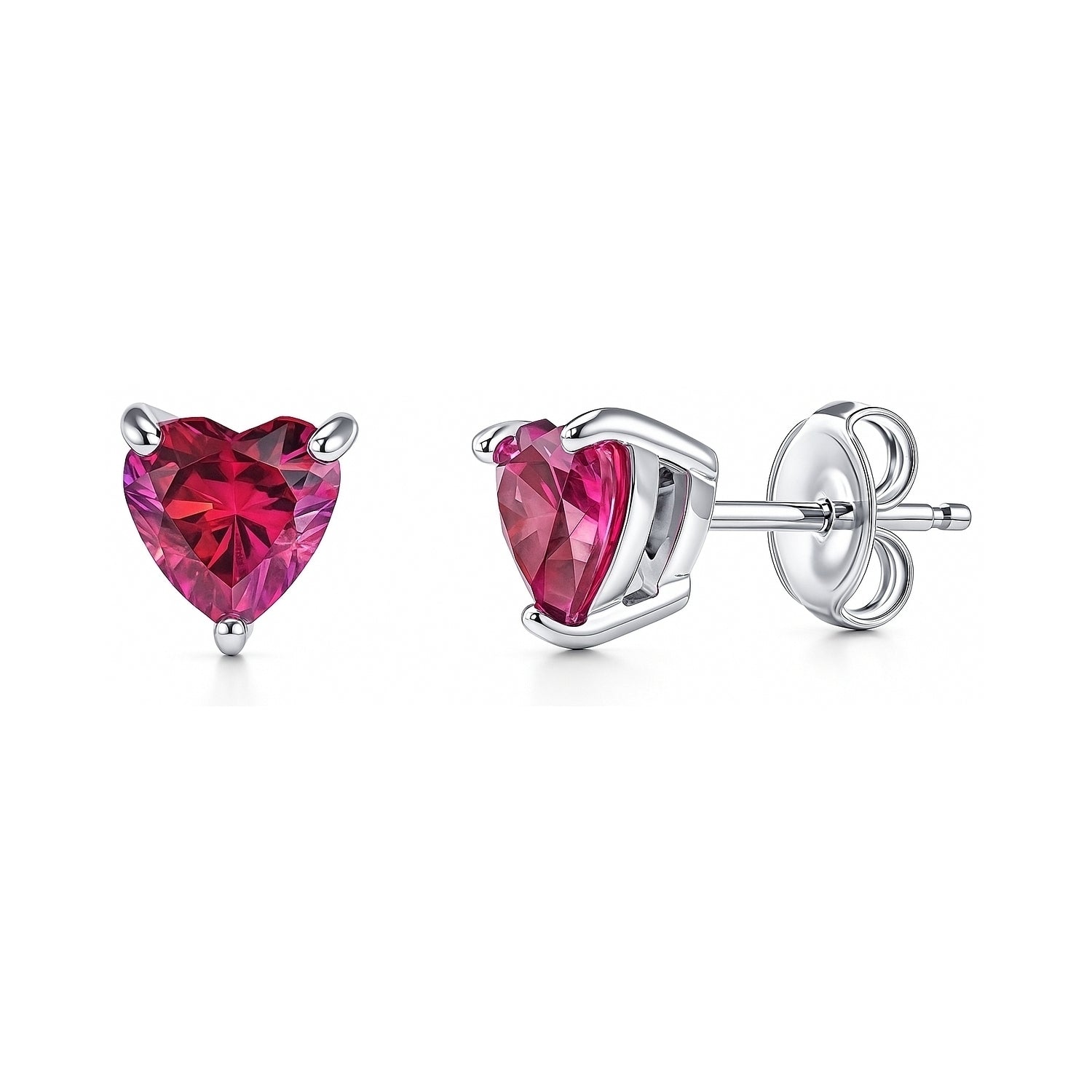 Solitaire Heart Red Heart CZ Stud Earrings in Sterling Silver, 1 of 5