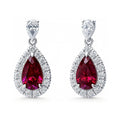 Halo Pear CZ Earrings in Sterling Silver, Red Color