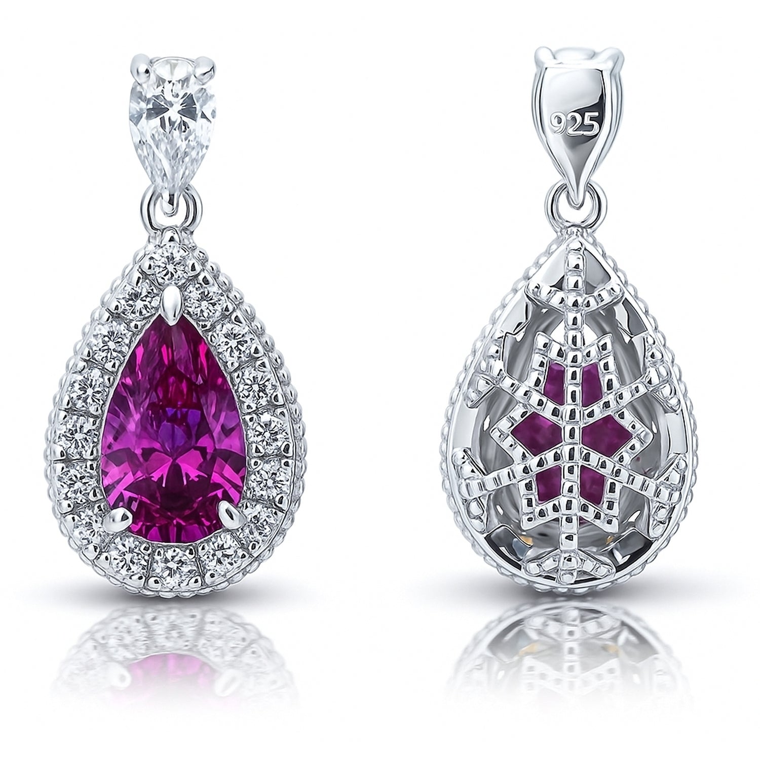Halo Pear CZ Earrings in Sterling Silver, Purple Color