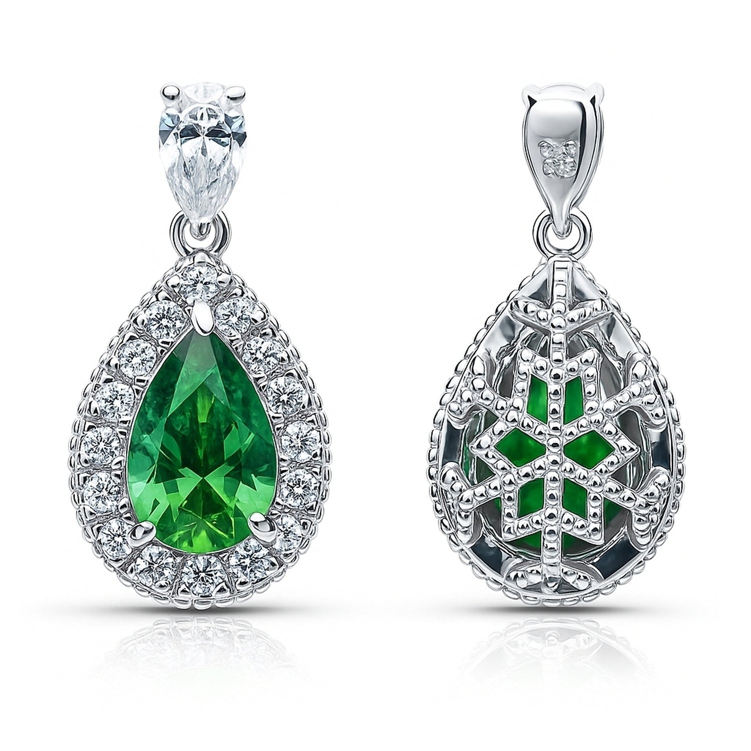 Halo Pear CZ Earrings in Sterling Silver, Green Color