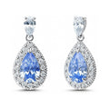 Halo Pear CZ Earrings in Sterling Silver, Blue Color