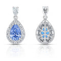 Halo Pear CZ Earrings in Sterling Silver, Blue Color