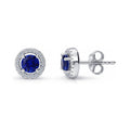 Halo CZ Stud Earrings in Sterling Silver, Sapphire Color