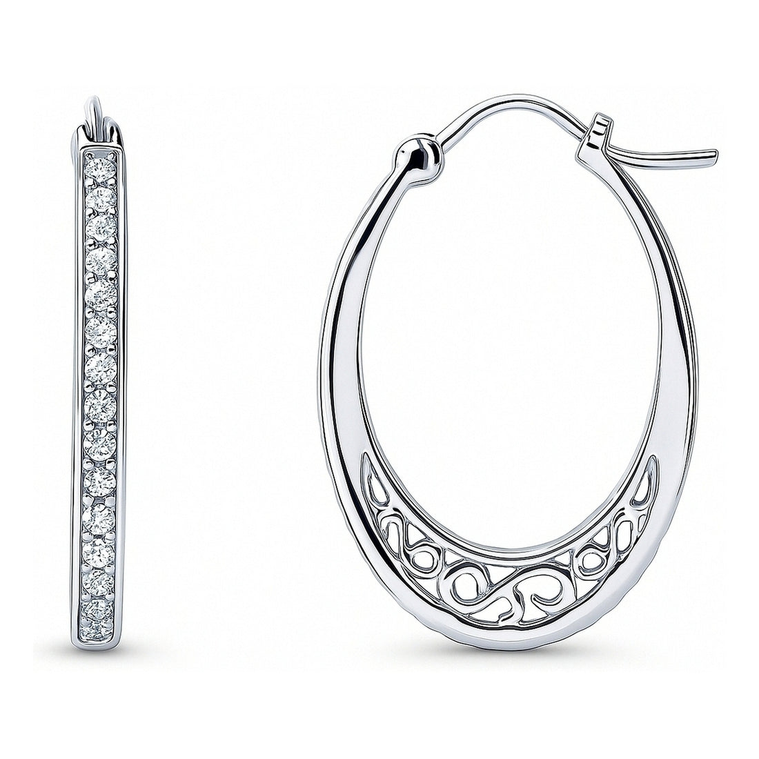 Oval Bar Filigree CZ Small Hoop Earrings in Sterling Silver 1"
