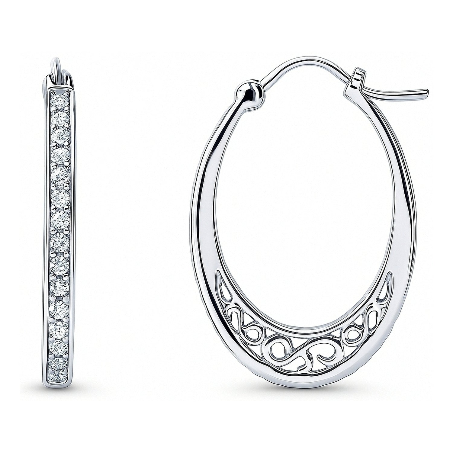 Oval Bar Filigree CZ Small Hoop Earrings in Sterling Silver 1 inch, 1 of 5