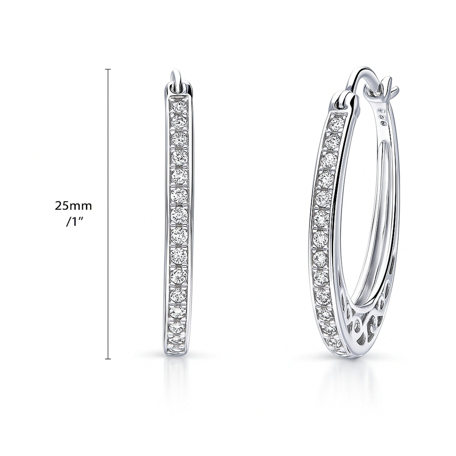 Oval Bar Filigree CZ Small Hoop Earrings in Sterling Silver 1 inch, 4 of 5
