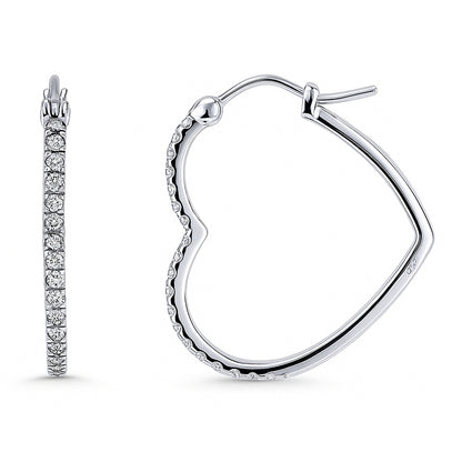 Heart CZ Small Hoop Earrings in Sterling Silver 1"
