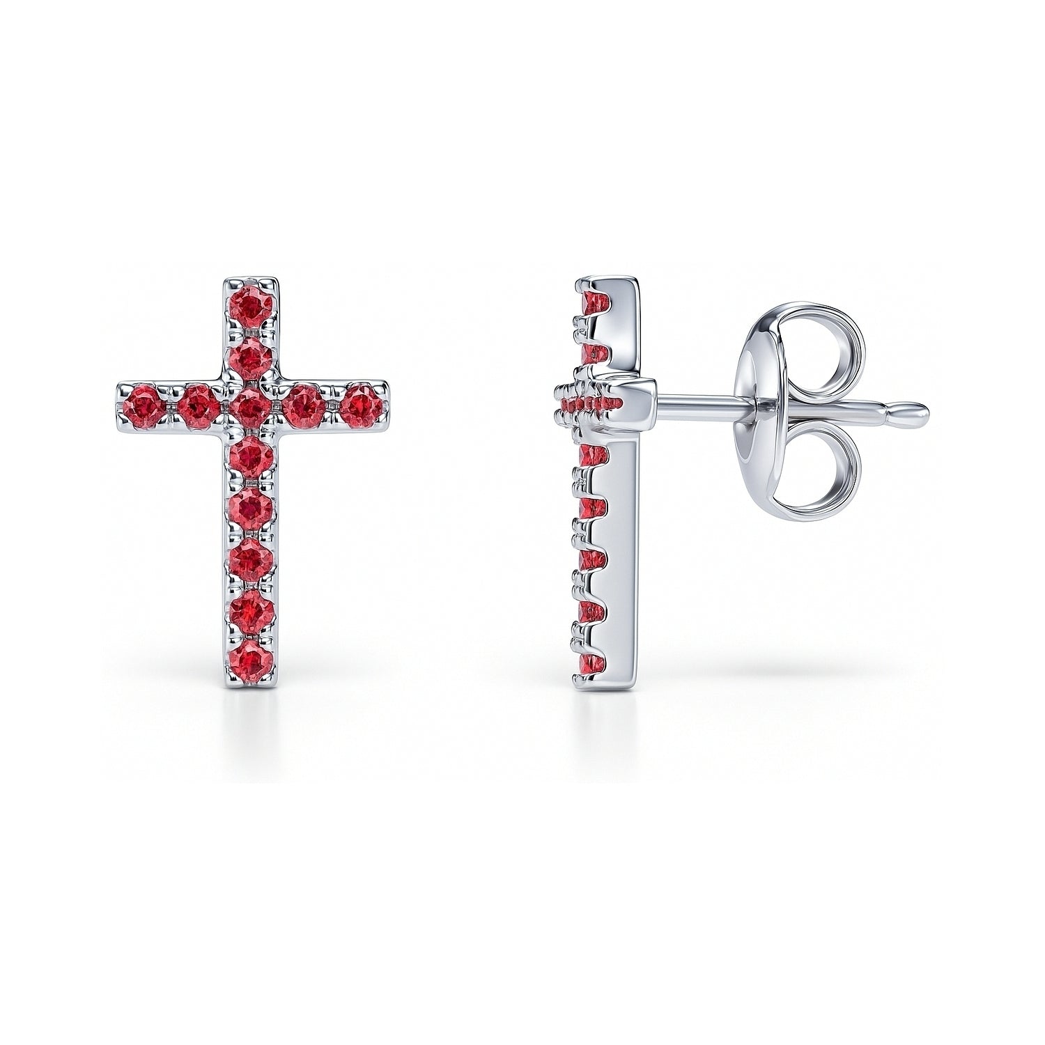 Cross CZ Stud Earrings in Sterling Silver, Red Color