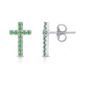 Cross CZ Stud Earrings in Sterling Silver, Green Color